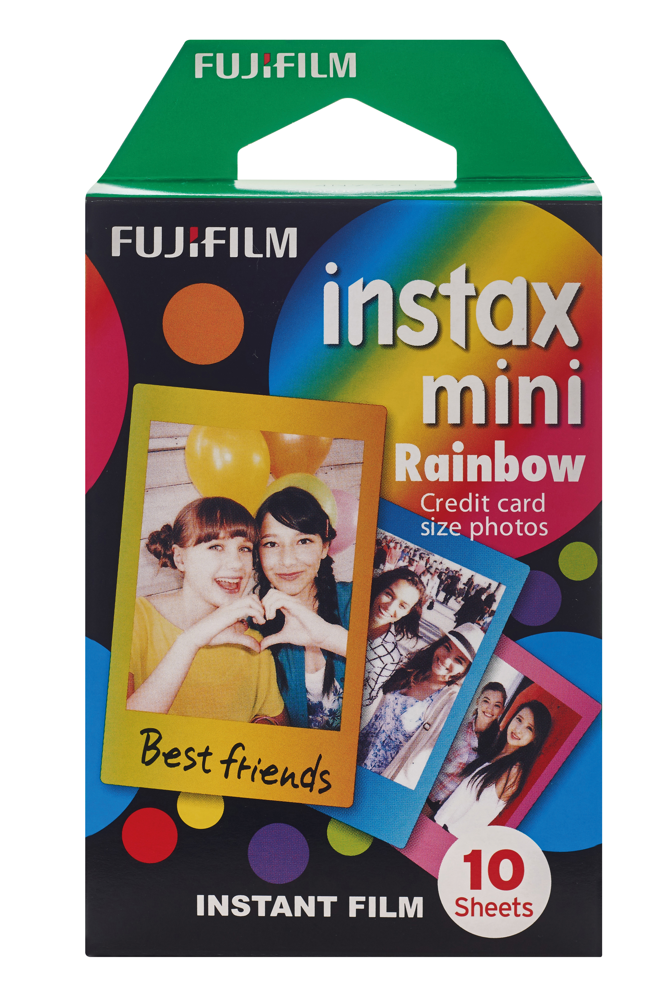 Schachtel mit Instax Mini Film. Fotos von Menschen und die Worte "Beste Freunde" sind sichtbar.