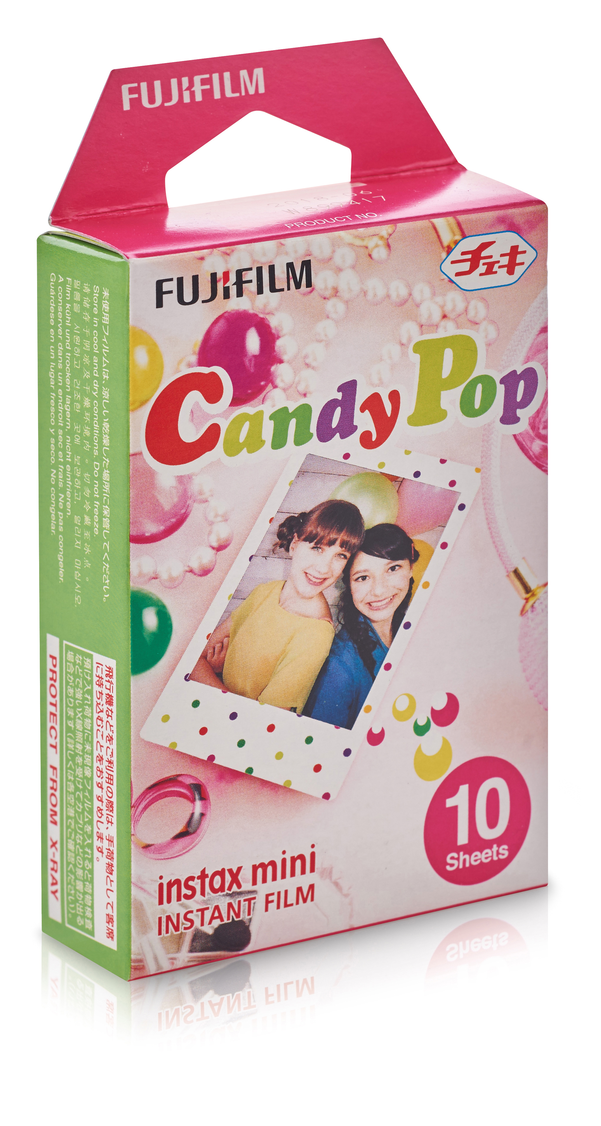 Boîte de film Fujifilm Candy Pop avec photos. La boîte est rose avec des accents colorés et du texte.