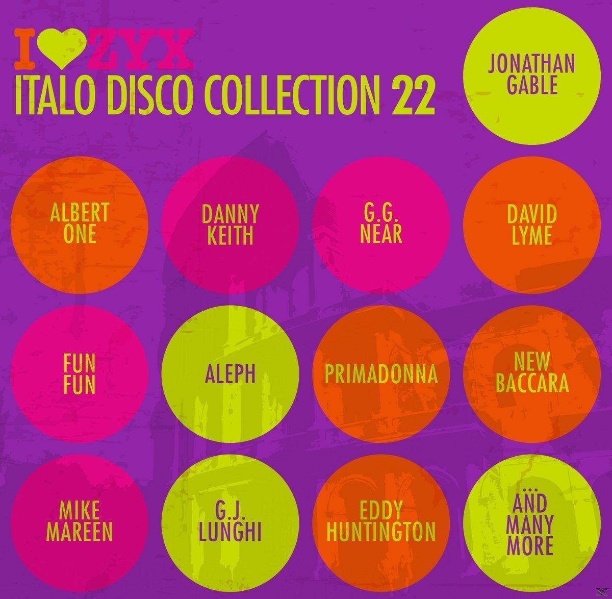 Kreisförmige Logos mit Künstlernamen. 'Italo Disco Collection 22' ist sichtbar.