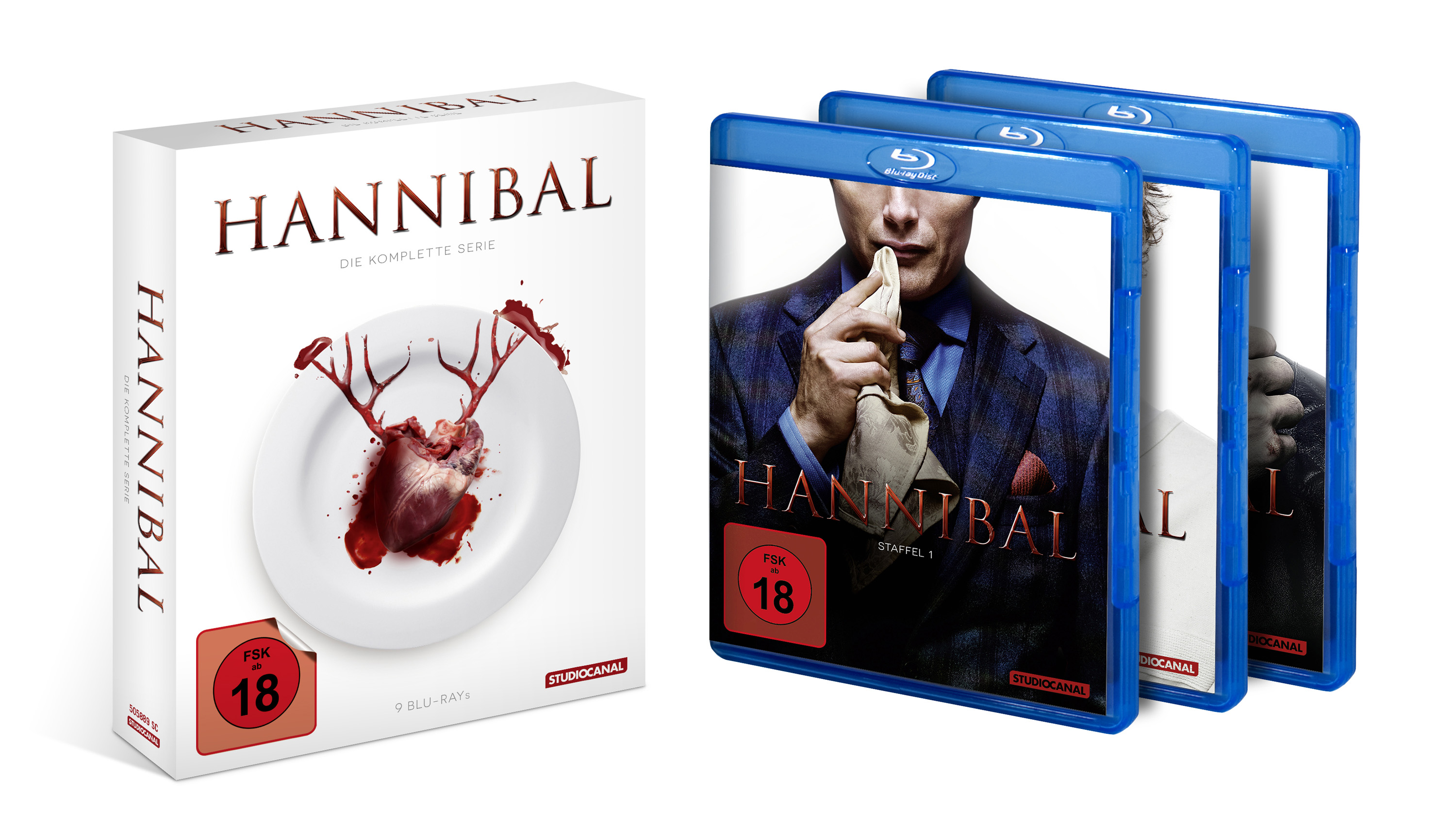 Hannibal DVD-Box-Set mit drei Blu-ray-Discs, Teller mit Herz, weißer Hintergrund.