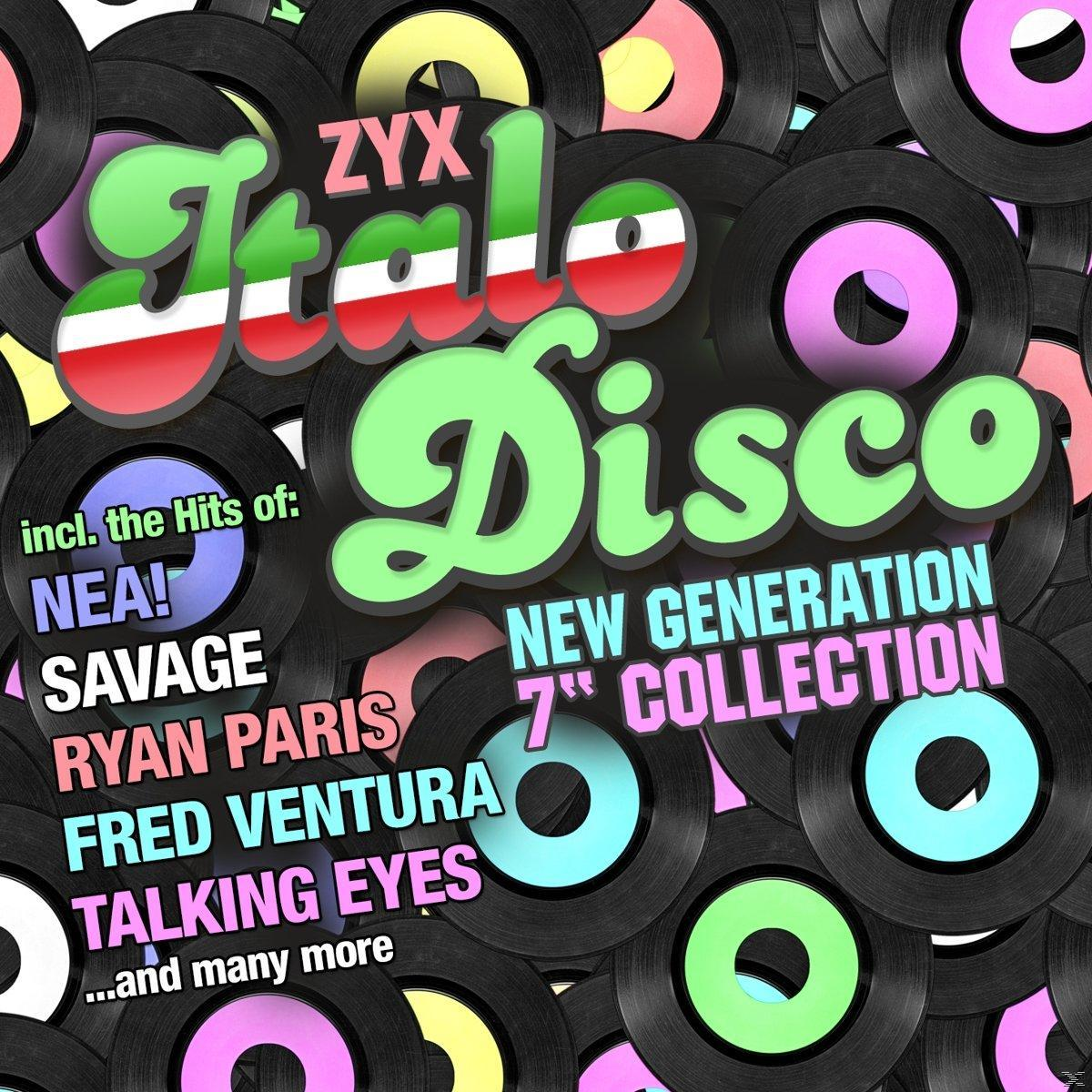Italo Disco Albumcover mit einer Sammlung von Schallplatten und lebendigem, farbenfrohem Text.