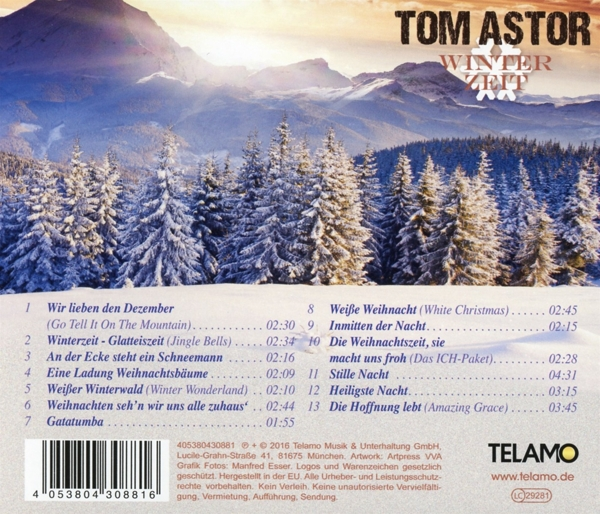 Rückseite einer CD mit Winterlandschaft und Titelliste von Weihnachtsliedern.