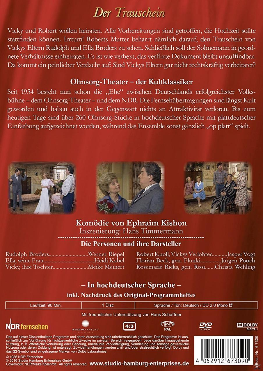 Die Rückseite einer DVD-Hülle mit deutschem Text und Bildern von Personen in einem Theaterstück.