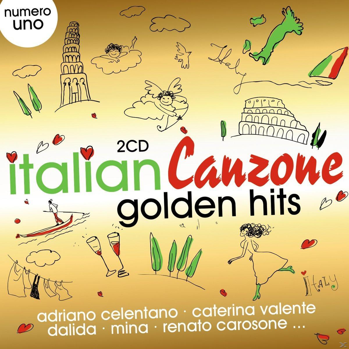 CD-Cover. Italienische Flagge, Zeichnungen von Italiens Wahrzeichen, eine Gondel und die Worte Italian Canzone.