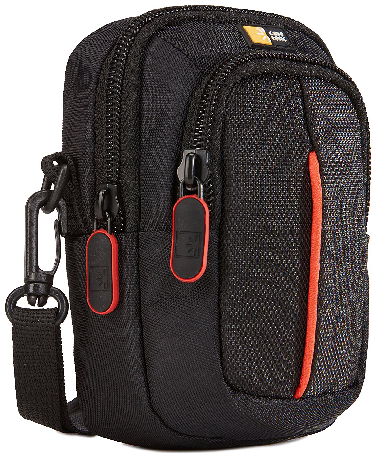 Black camera bag with red accents. Zippers and a strap are visible.