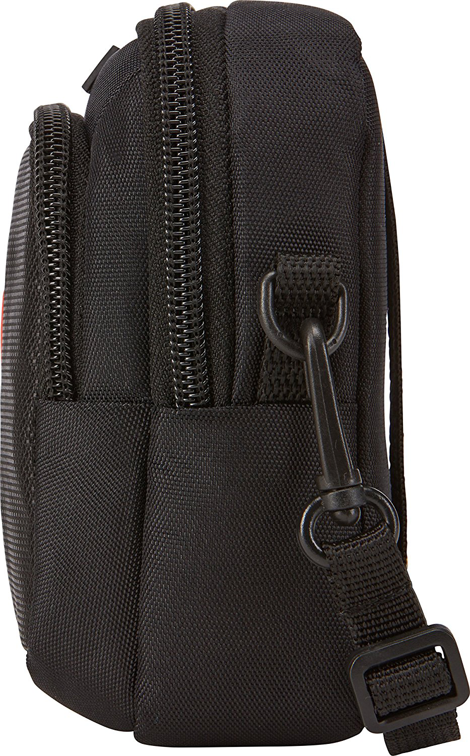 Black camera case with a zipper, strap, and a clip. The case has a red stripe on the side.