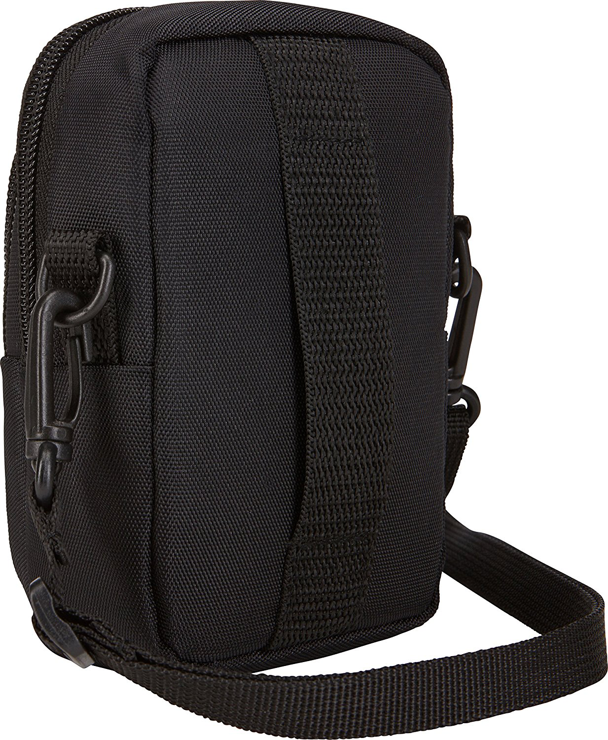 A black, rectangular shoulder bag with a strap and a zipper. A carabiner is attached.
