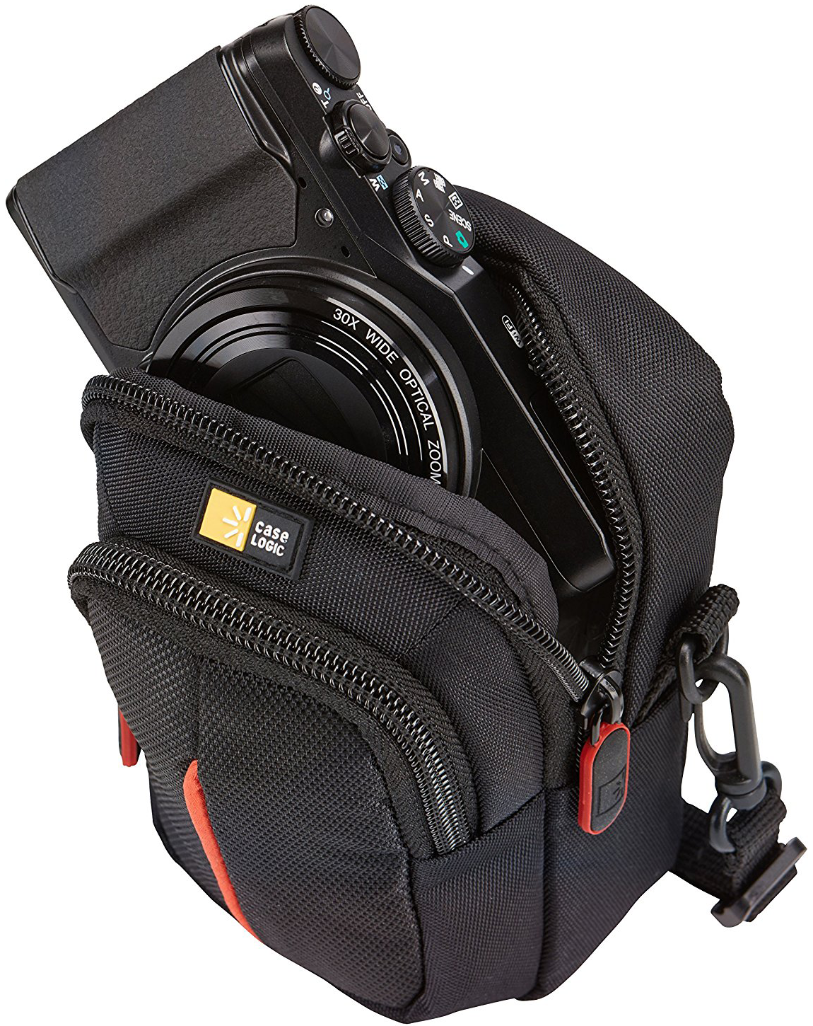 Black camera in a black Case Logic bag with a red zipper pull and an orange accent.
