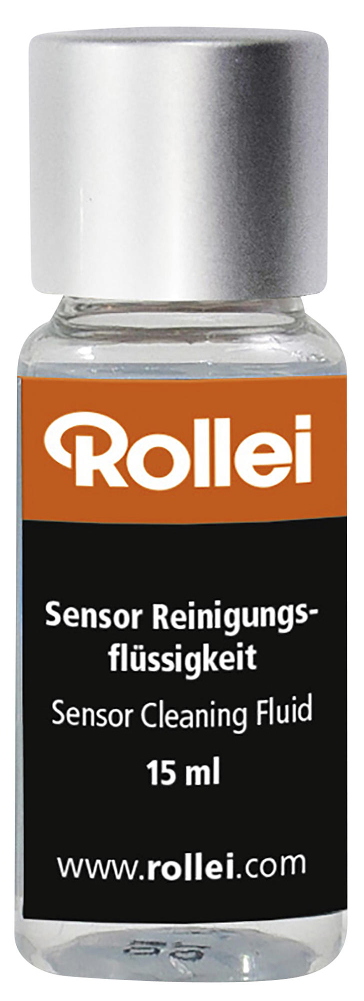 Rollei Sensor-Reinigungsflüssigkeitsflasche. Oranges Etikett mit schwarzem Text. Silberner Deckel, klare Flüssigkeit sichtbar.