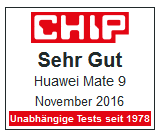 Rotes und weißes 'CHIP'-Logo mit dem Text 'Sehr Gut' und Huawei Mate 9-Details, mit 'Unabhängige Tests seit 1978'.