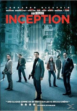 Jaquette DVD avec des acteurs dans une rue, titre du film 'INCEPTION' en haut.