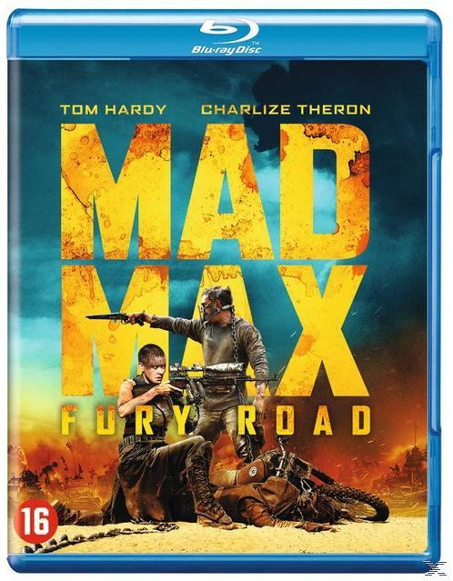 Mad Max Fury Road Blu-ray case featuring Tom Hardy and Charlize Theron, action scene.