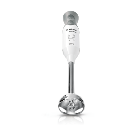 Gümüş metal tabanlı, iki düğmeli beyaz Bosch el blenderı.