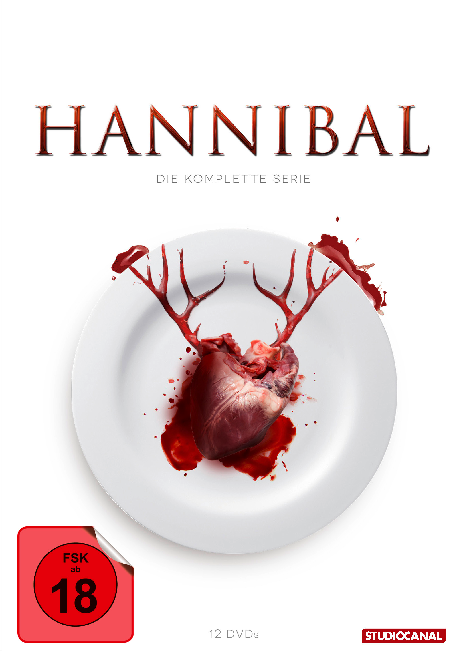 Das Hannibal-DVD-Cover zeigt ein Herz auf einem Teller mit Blut, Geweih und dem Titel.