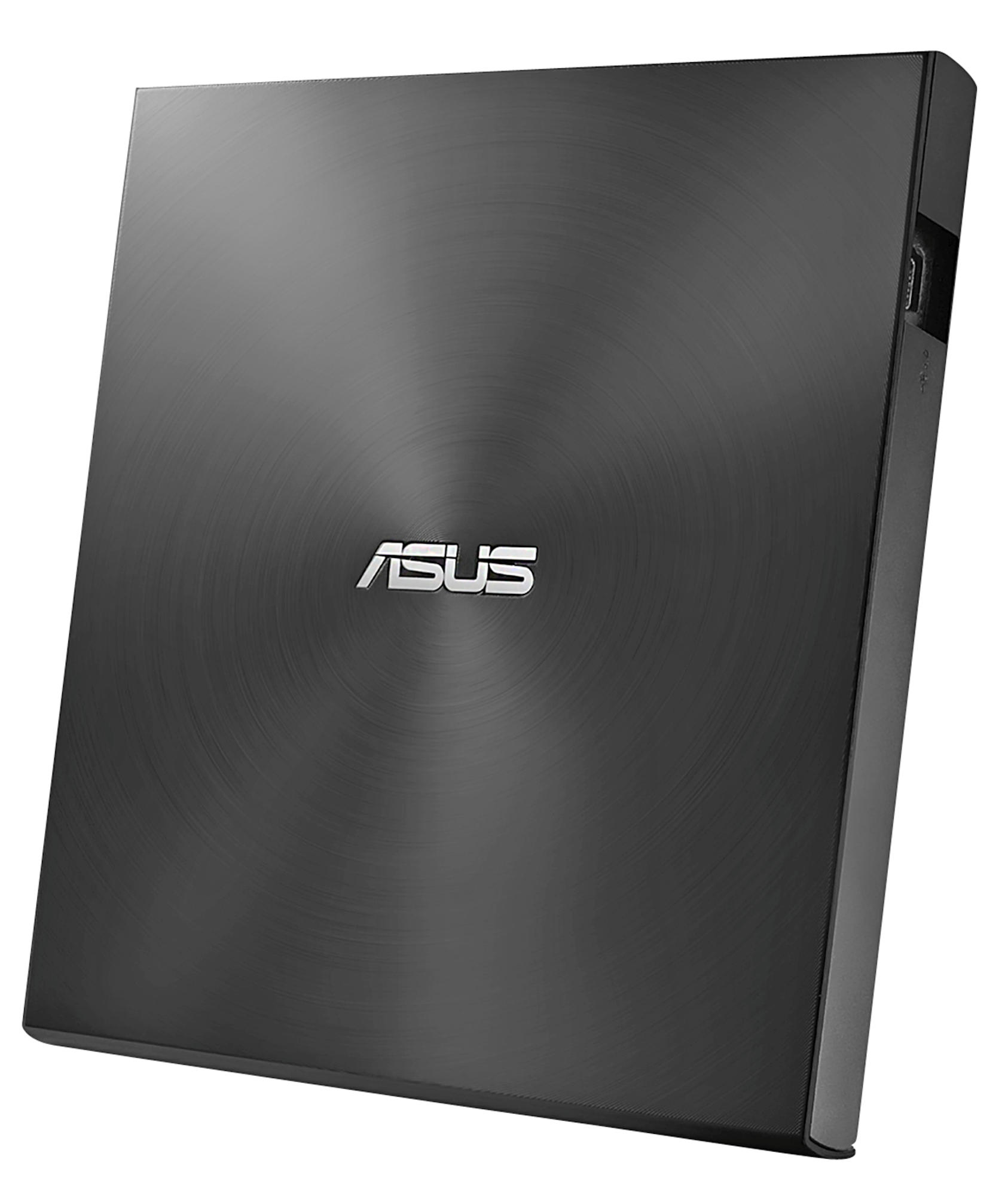 Schwarzes externes ASUS DVD-Laufwerk, Draufsicht, mit ASUS-Logo.