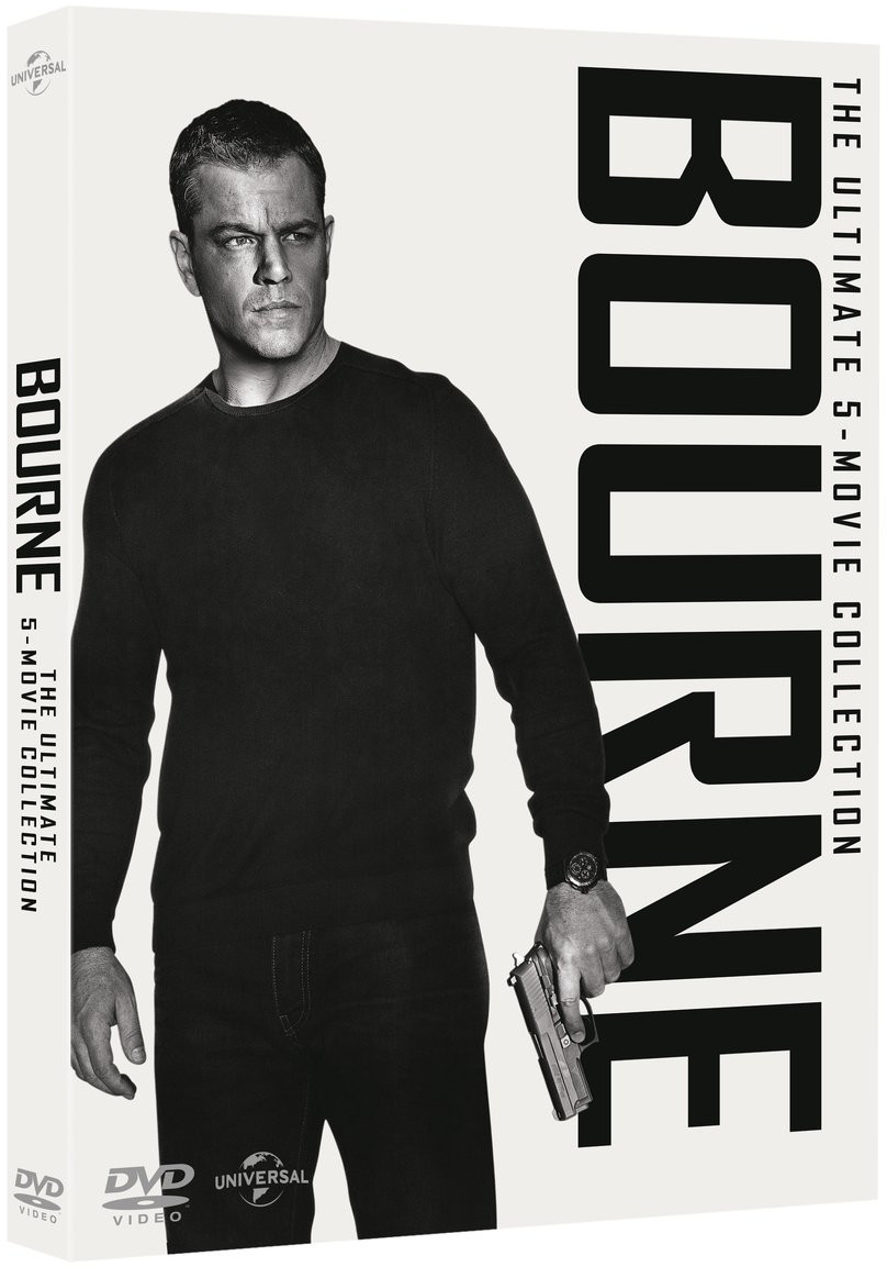 Une image en noir et blanc de la couverture du film Bourne, avec Matt Damon.