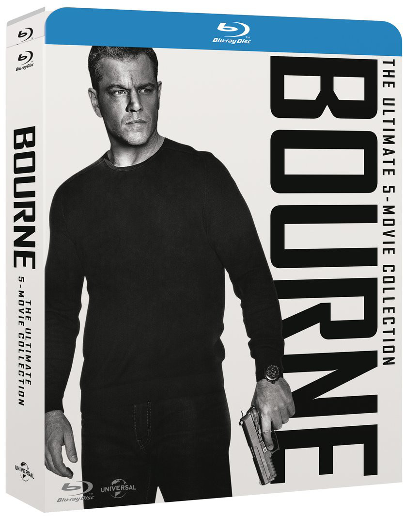 Une image en niveaux de gris du coffret Blu-ray Bourne Ultimate 5-Movie Collection. On y voit Matt Damon.
