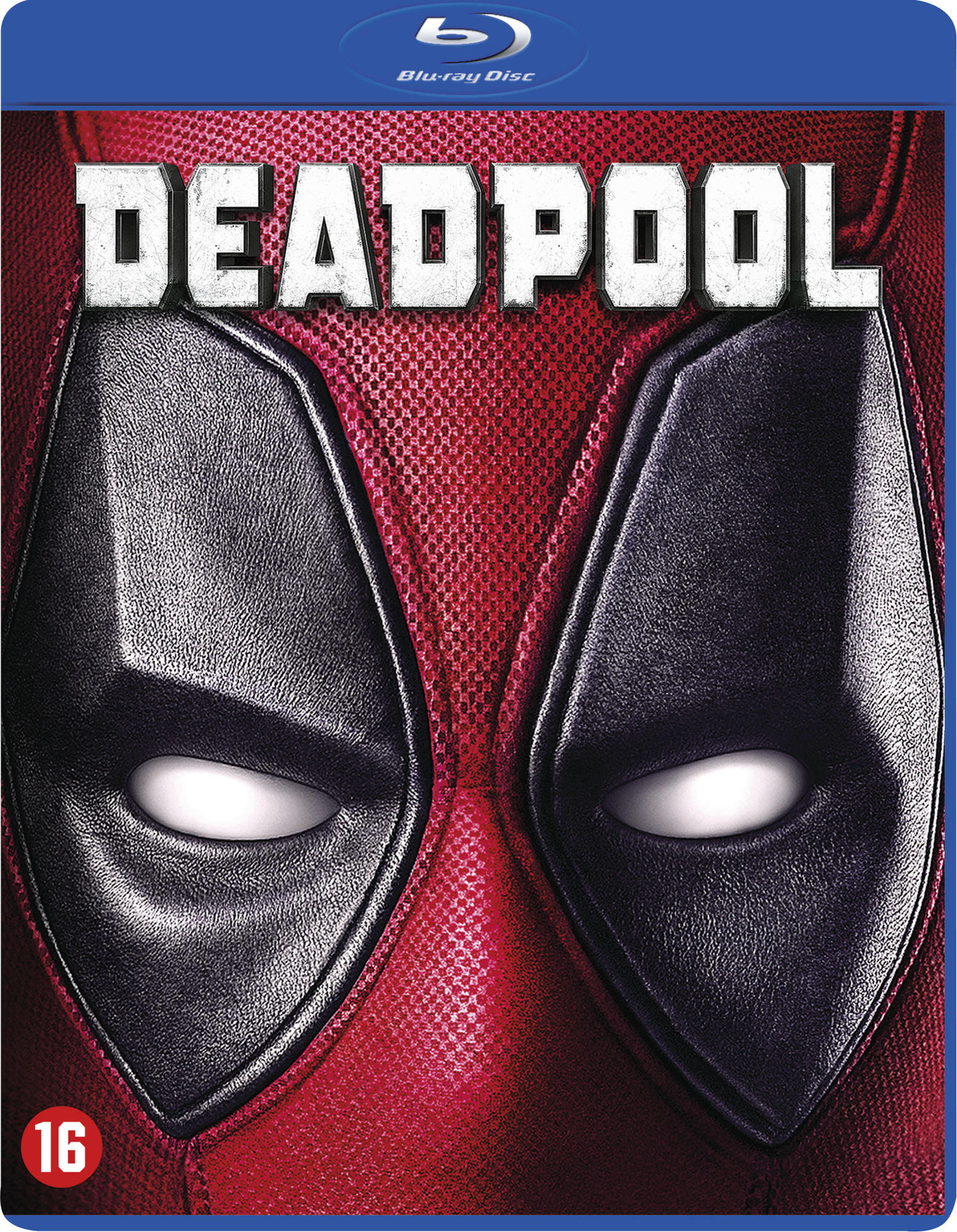 Pochette Blu-ray de 'Deadpool', gros plan du masque de Deadpool, fond rouge.