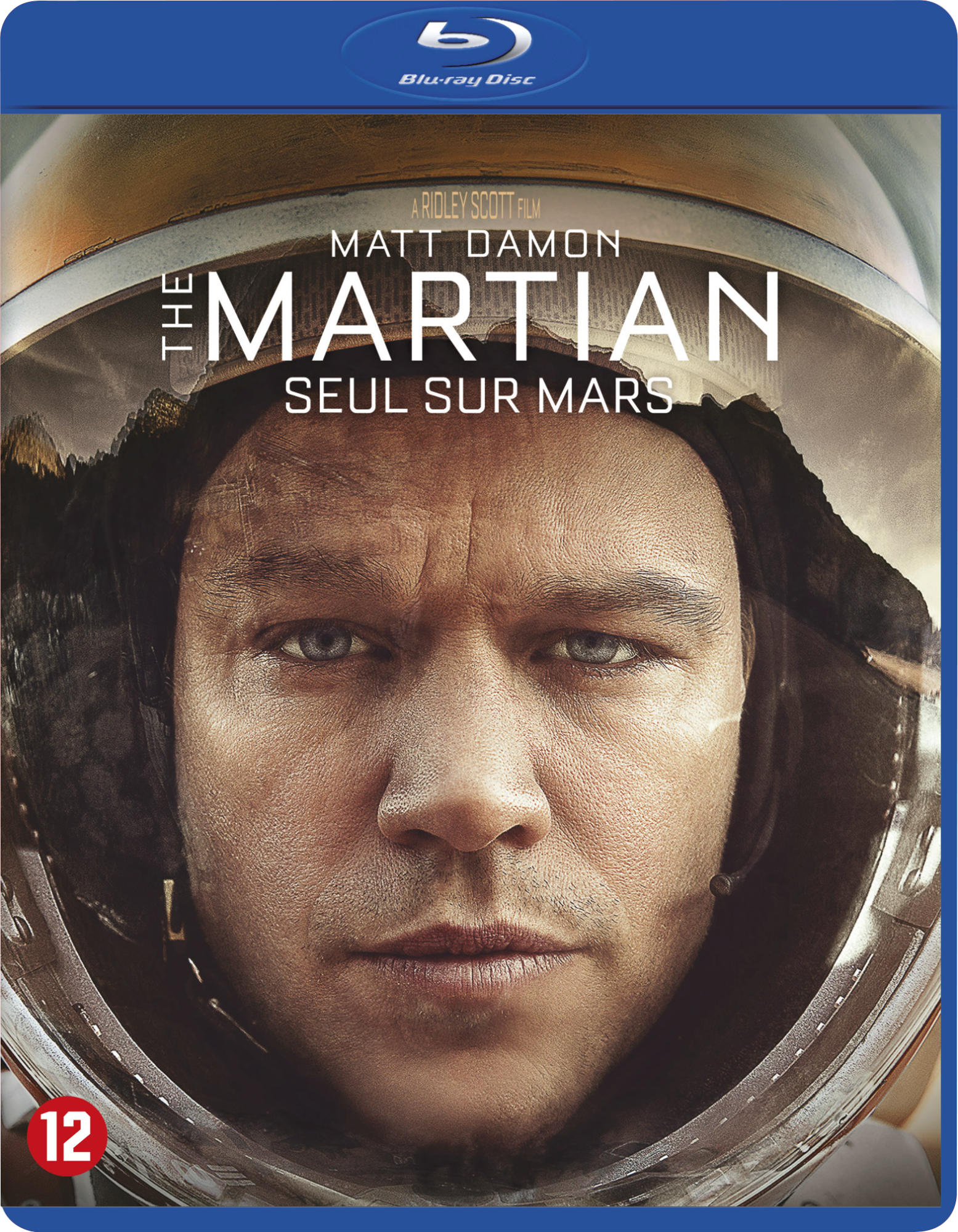 Jaquette DVD de The Martian. Le visage de Matt Damon remplit le cadre, portant un casque spatial.