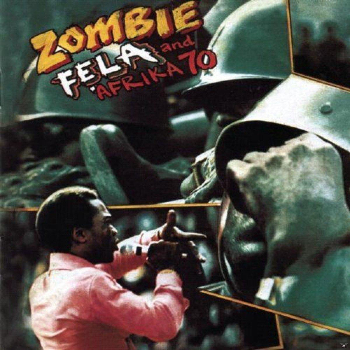 Albumcover für Zombie von Fela and Afrika 70. Zeigt einen Mann im rosa Hemd, Soldaten in Helmen und den Albumtitel.