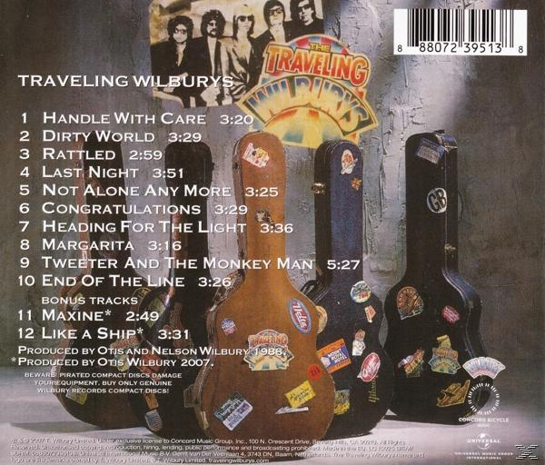 CD-Rückseite mit Gitarrenkoffern und Titelliste, mit 'The Traveling Wilburys'.