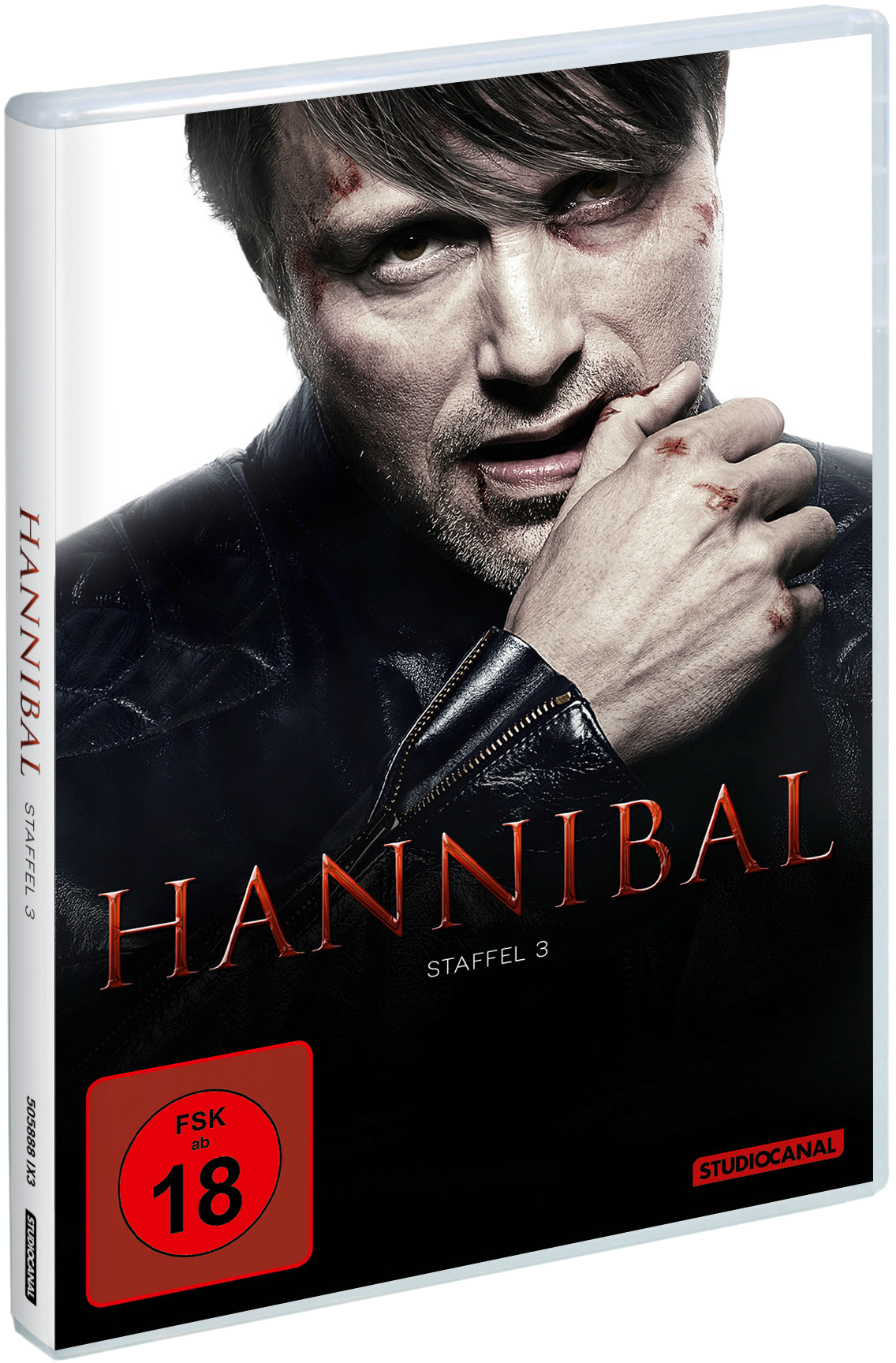 DVD-Cover von Hannibal. Ein Mann mit blutverschmiertem Gesicht berührt seinen Mund. Der Titel 'Hannibal' und die Altersfreigabe '18' sind sichtbar.