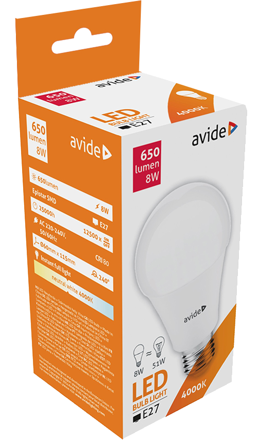 Avide LED izzó doboza. Fehér izzó, szöveg: 650 lumen, 8W, 4000K. Narancssárga és fehér doboz.