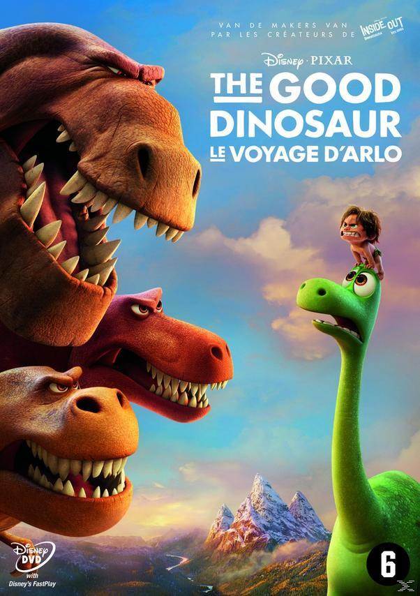 Filmposter voor The Good Dinosaur. Toont dino's, een jongen en een bergachtergrond.
