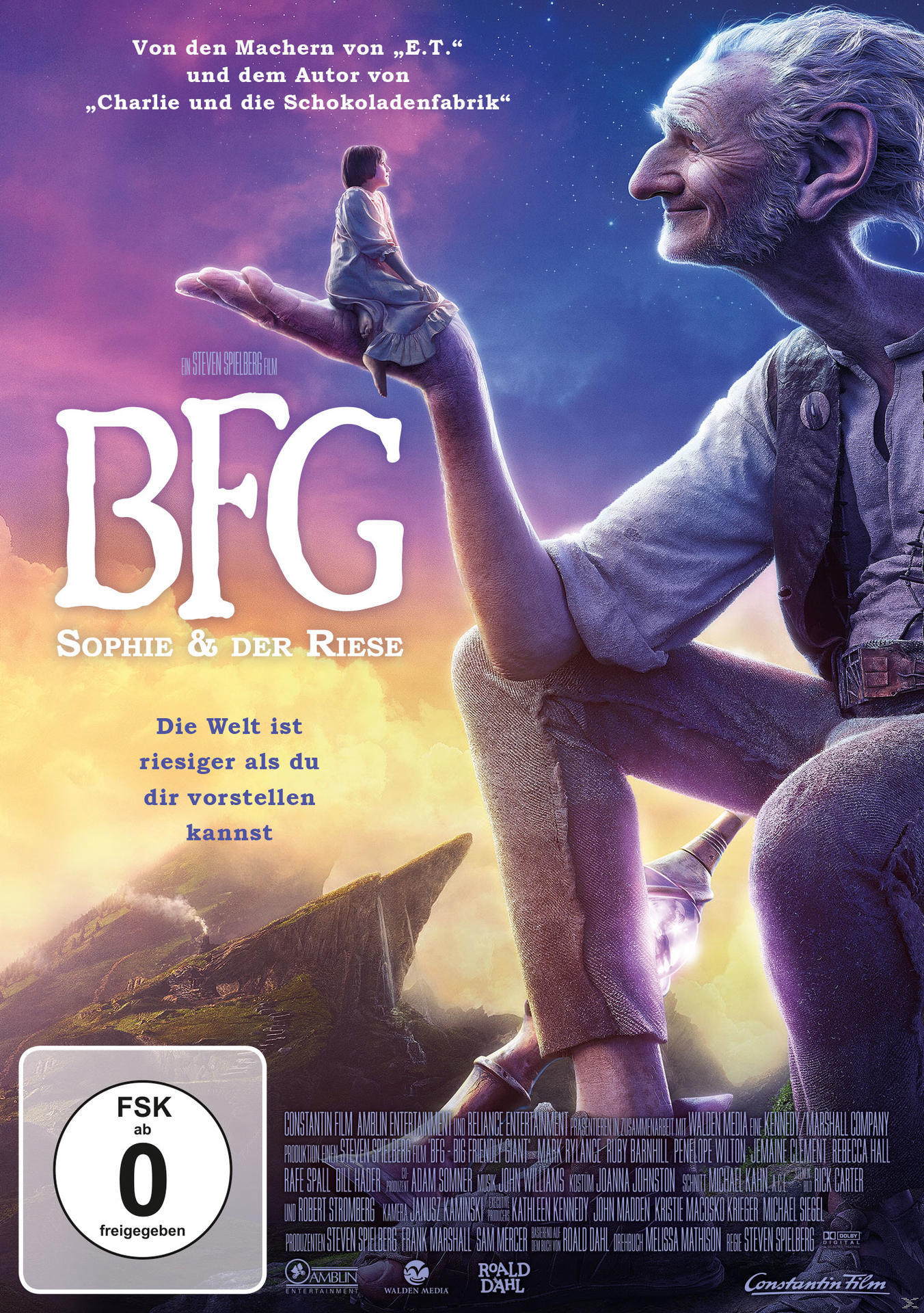 BFG-Filmcover, das einen Riesen zeigt, der ein Mädchen hält, mit einer Fantasy-Landschaft im Hintergrund.