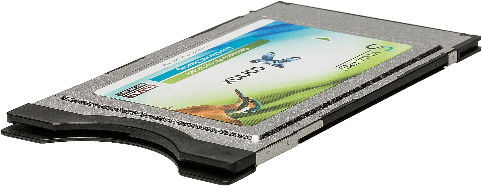 PC kártya. Egy kis chipet tartalmaz pillangóval és a 'Conax' szóval.