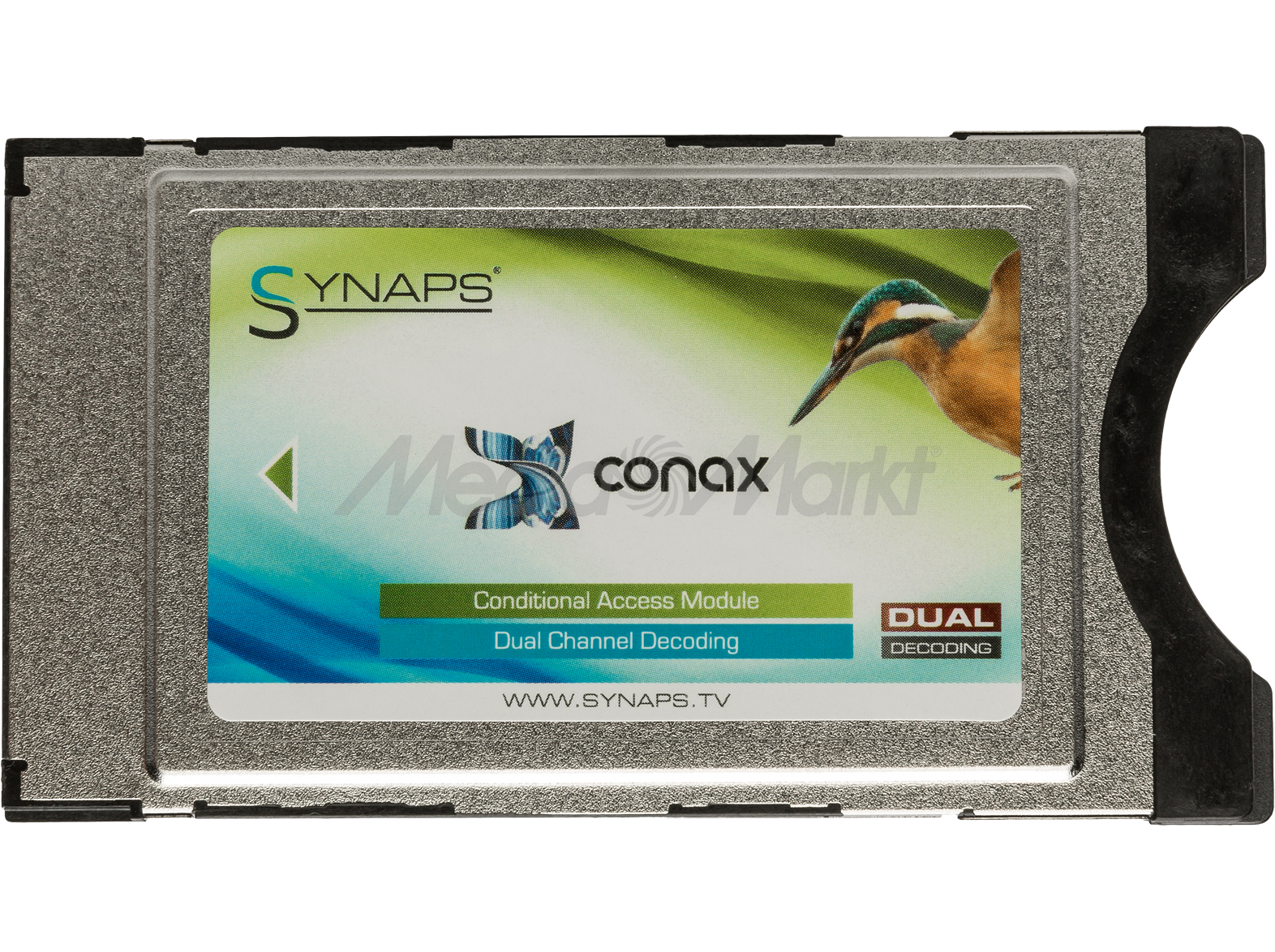 Egy ezüst hozzáférési modul a SYNAPS és conax szavakkal. Egy madár képe van rajta.