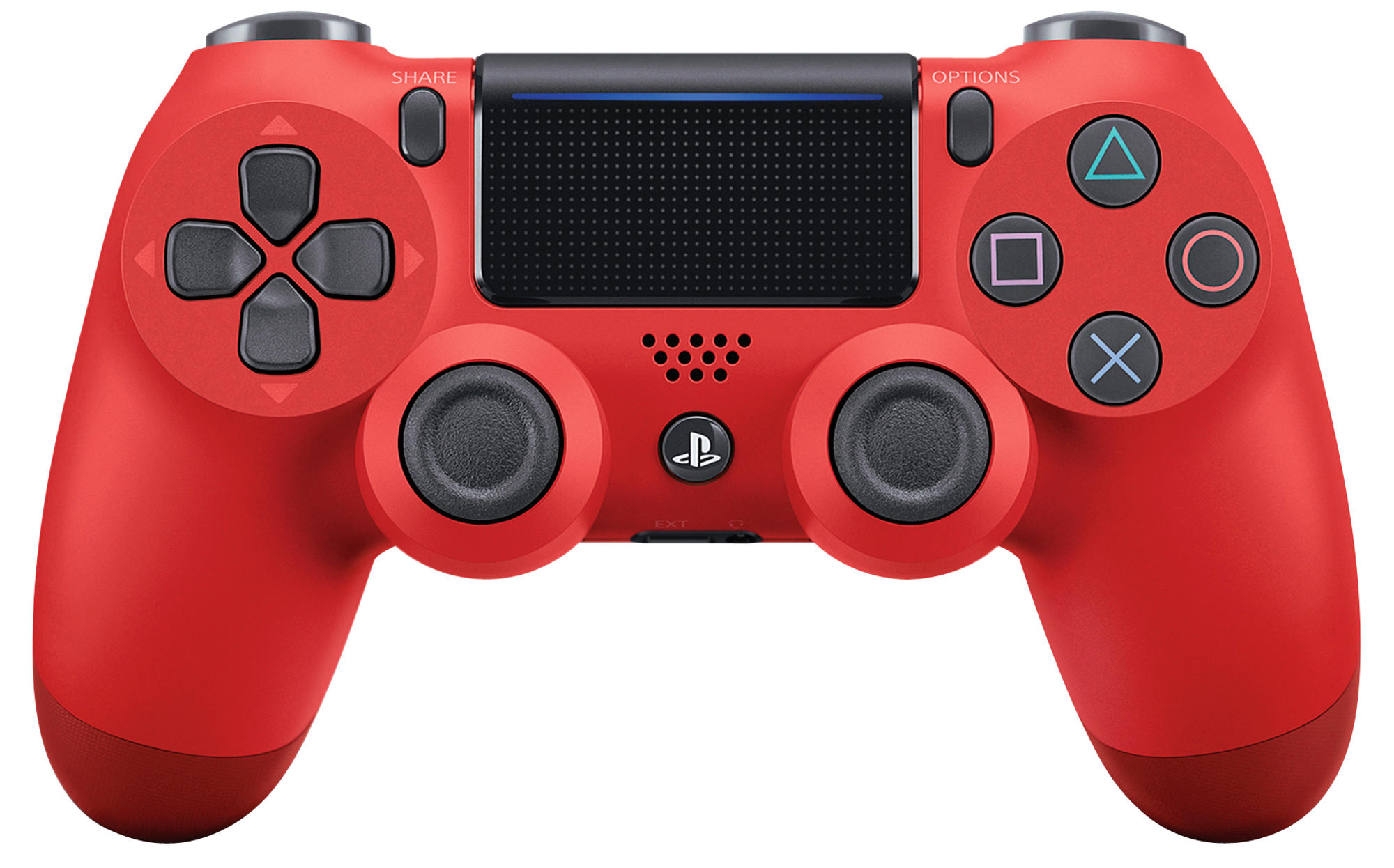 Rode PlayStation 4-controller. Zwart touchpad, knoppen en joysticks, tegen een witte achtergrond.