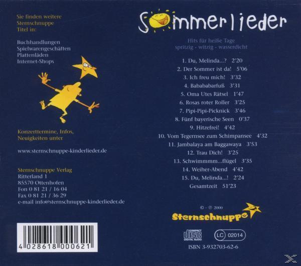 CD-Cover: Sommerlieder. Gelbe Cartoon-Sterne und ein Kind. Text auf Deutsch. Text: Hits für heiße Tage.