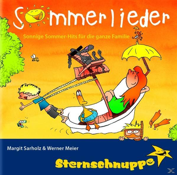 Cartoonbild mit einem Kind, einer Frau und einer Ente, alle auf einem Boot. Gelber Hintergrund.