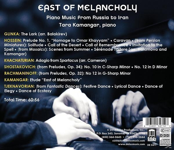 Albumcover mit Text. Der Titel lautet 'East of Melancholy'. Eine Hand spielt Klavier.