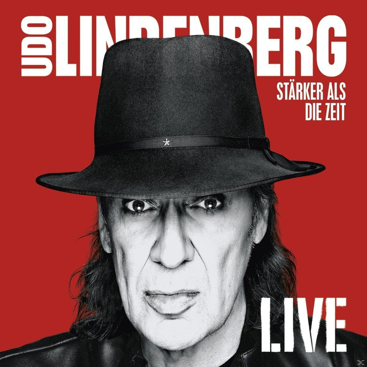 Udo Lindenberg Albumcover. Mann mit schwarzem Hut, roter Hintergrund, Text 'LIVE' unten.