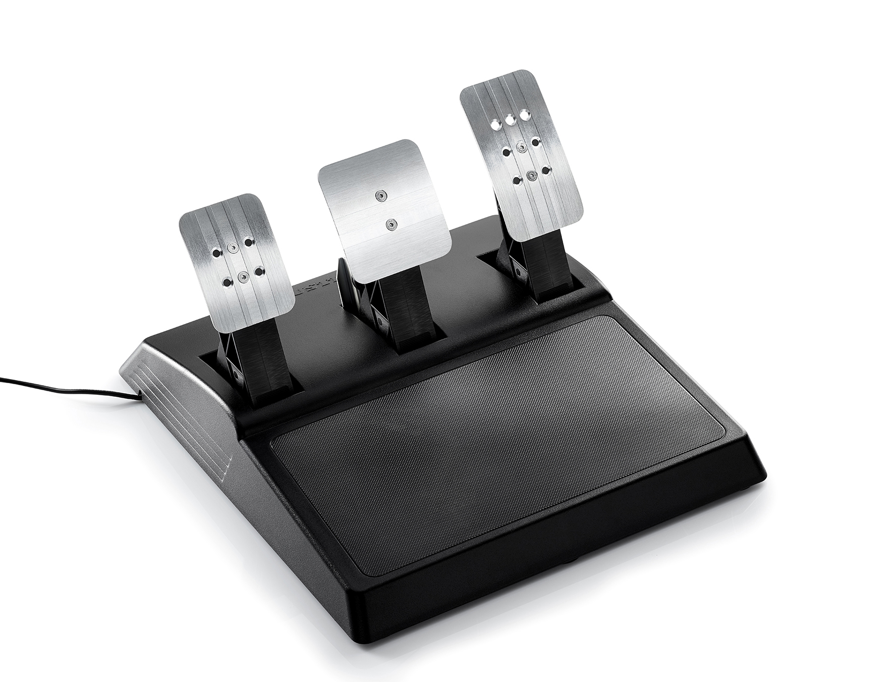 Schwarzes Gaming-Pedalset. Drei silberne Pedale stehen auf einer schwarzen Basis. Ein Netzkabel ist sichtbar.