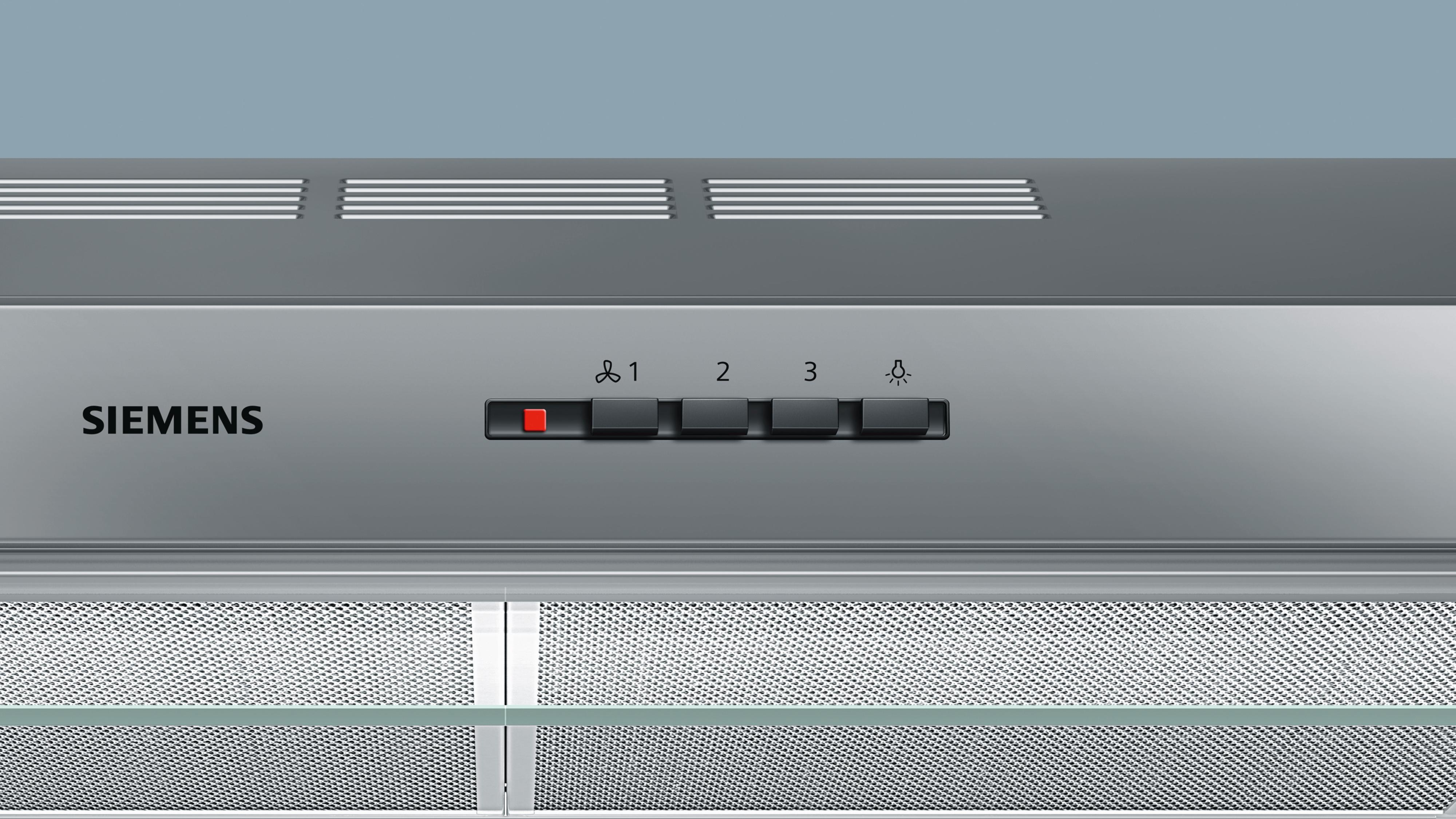 Silver Siemens range hood control panel. With fan and light controls.