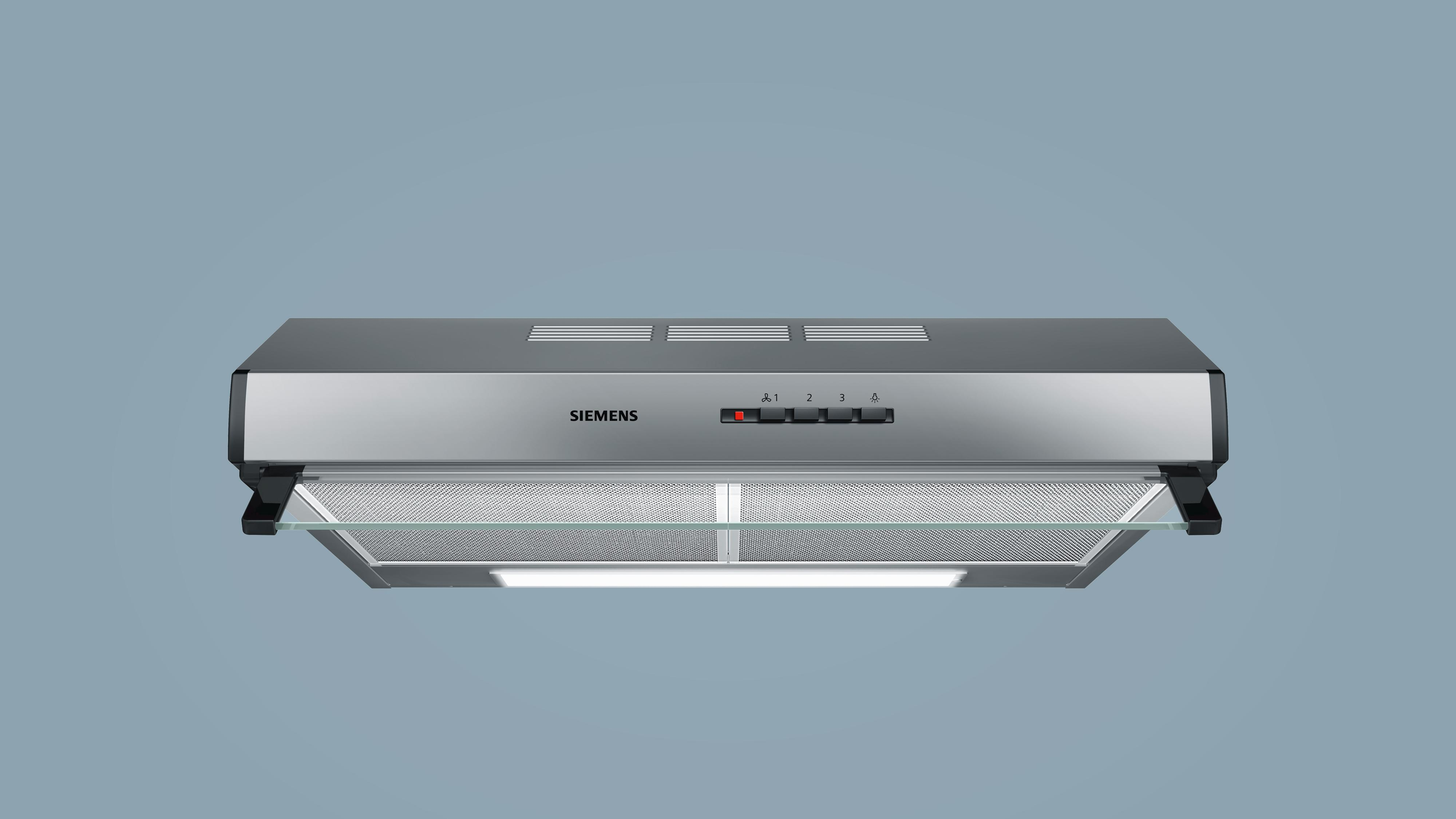 A silver Siemens range hood with three red buttons, against a light blue background.