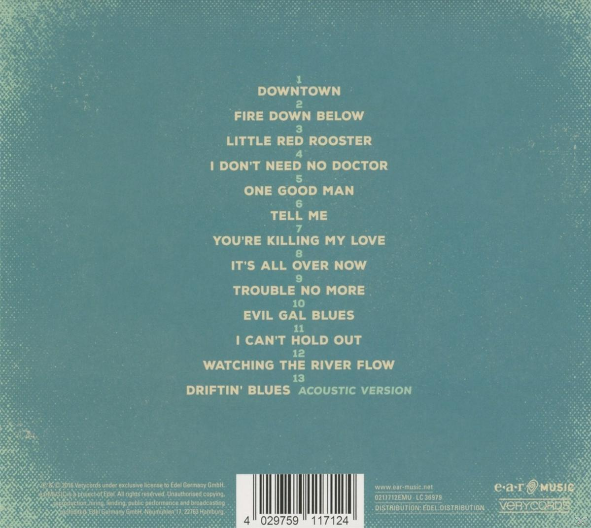 Albumcover mit Titelliste in grüner Schrift auf blaugrünem Hintergrund.