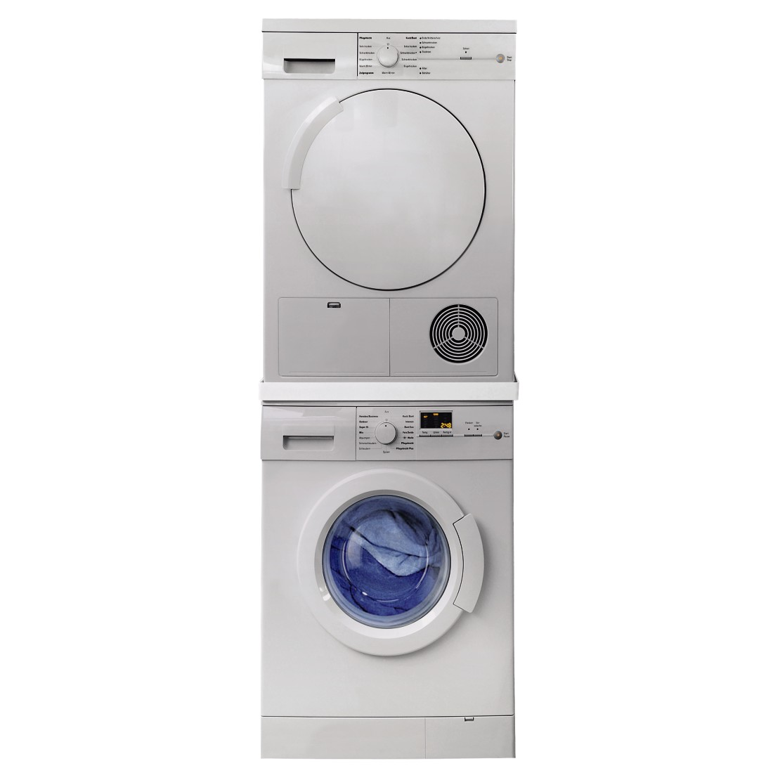 Stacked white washing machine and dryer. The dryer has a circular vent.