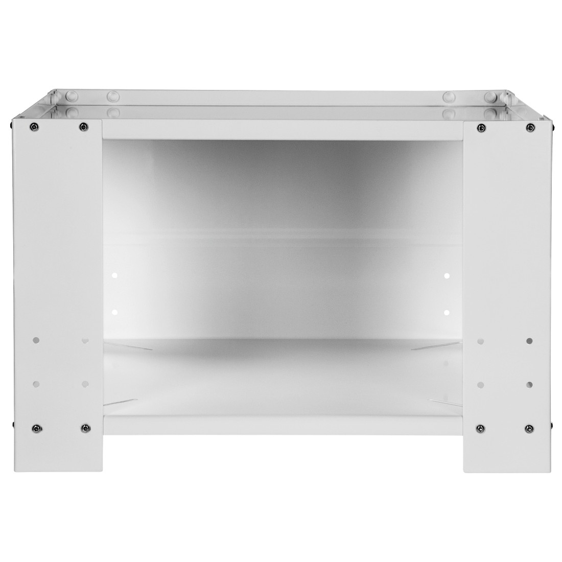 White metal shelf structure, rectangular, open design, with several mounting holes.