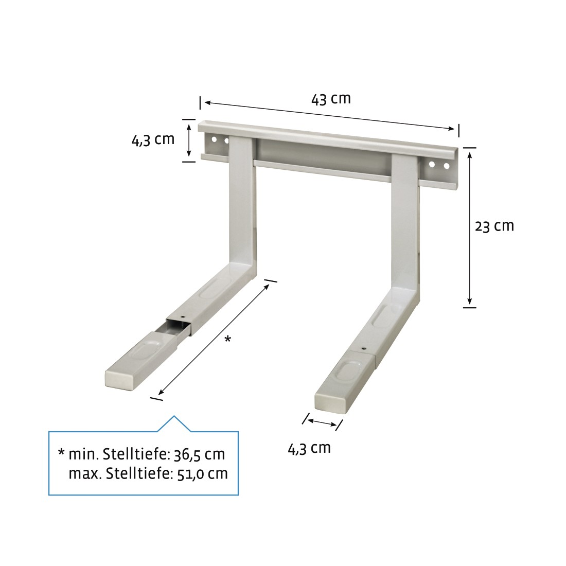 White metal bracket, measurements in cm, with arrows and labels on a white background.