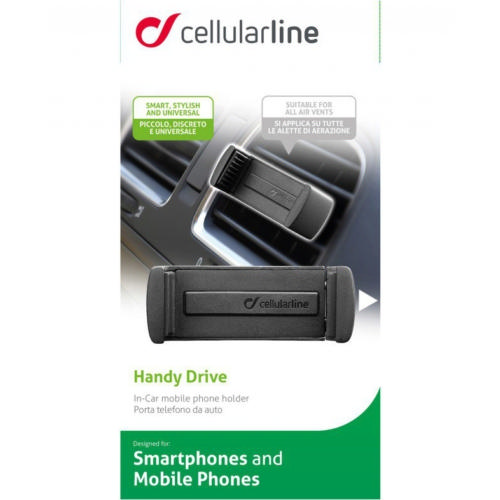 Beyaz zemin üzerinde siyah araç içi telefon tutucu, "Handy Drive" yazısıyla. Marka Cellularline.