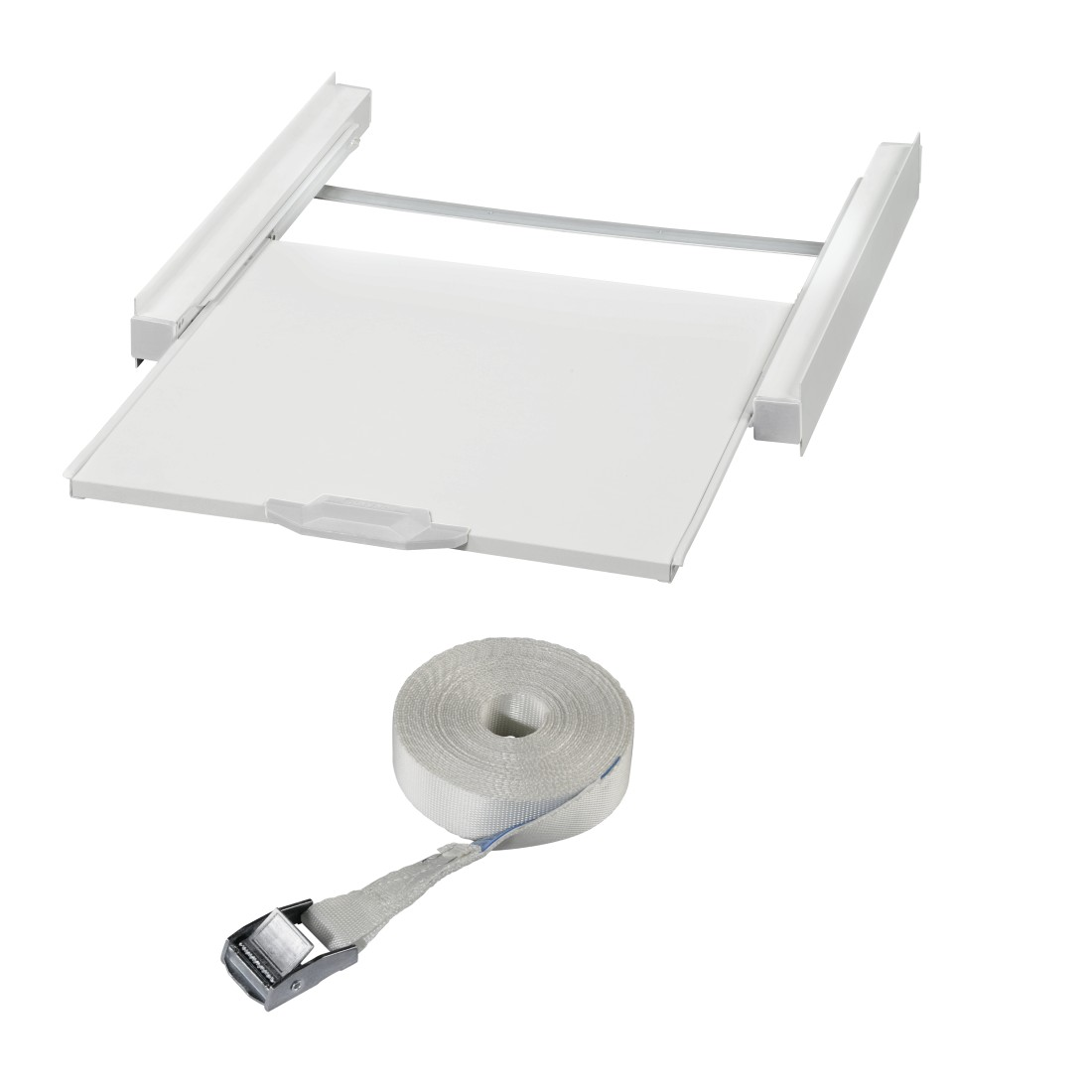 White washing machine stand and a white strap.
