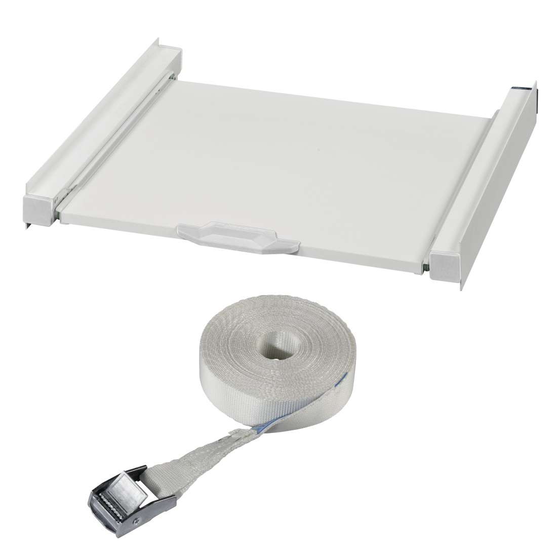 A white laundry drawer slide with a roll of white strap and a metal buckle.