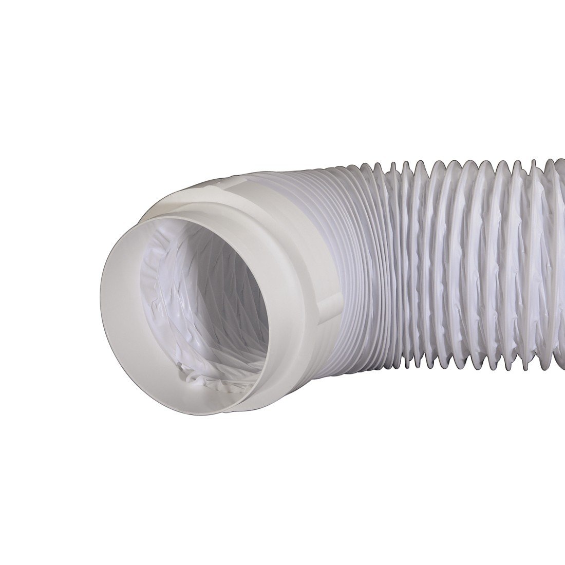 A white flexible duct with a clear plastic interior. The duct is angled.