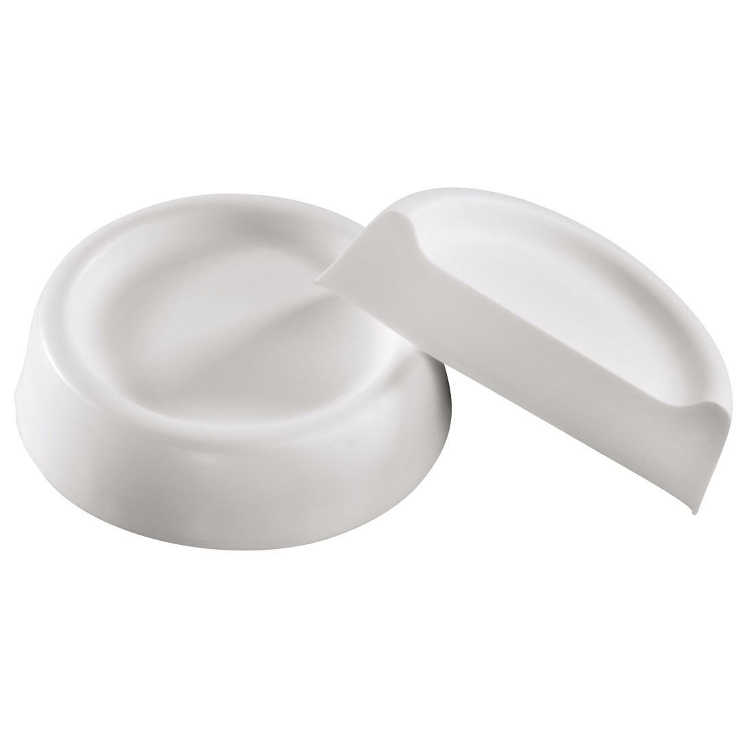Two white pet bowls, one upright, one tilted, on a white background.