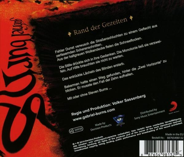 Dunkles CD-Cover. Rote und schwarze Farben dominieren. Text auf Deutsch. Titel: Rand der Gezeiten. Künstler: Gabriel Burns.