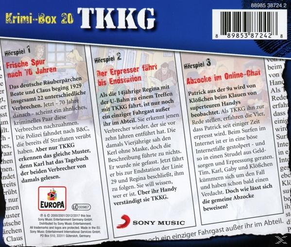 Rückseite einer TKKG Krimi-Box 20 DVD. Zeigt Text in deutscher Sprache über den Fall.
